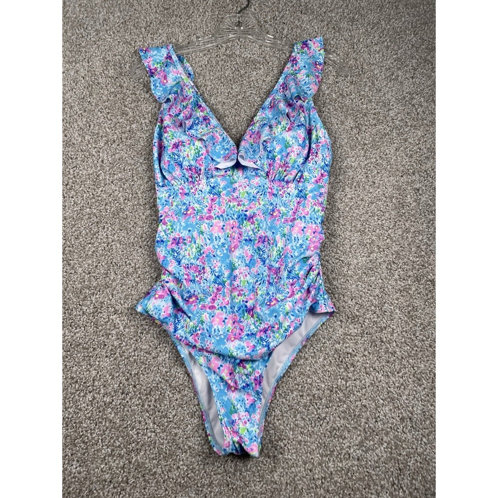 BIRDIE Country Club Bloom One Piece Floral Ruffle Rouched Swimsuit Sz Medium NWT
